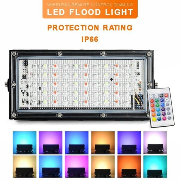 RGB LED Flood Light- Remote Controlled IP66 Waterproof Landscape & Outdoor Lighting (50W, AC220V) - Black Color by RGB - Gadgetntech Bangladesh