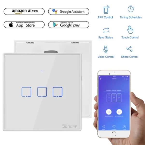 SONOFF WiFi Smart Wall Touch Switch T2 UK 3 Gang- Compatible With Alexa, Google Assistant - White Color by SONOFF - Gadgetntech Bangladesh