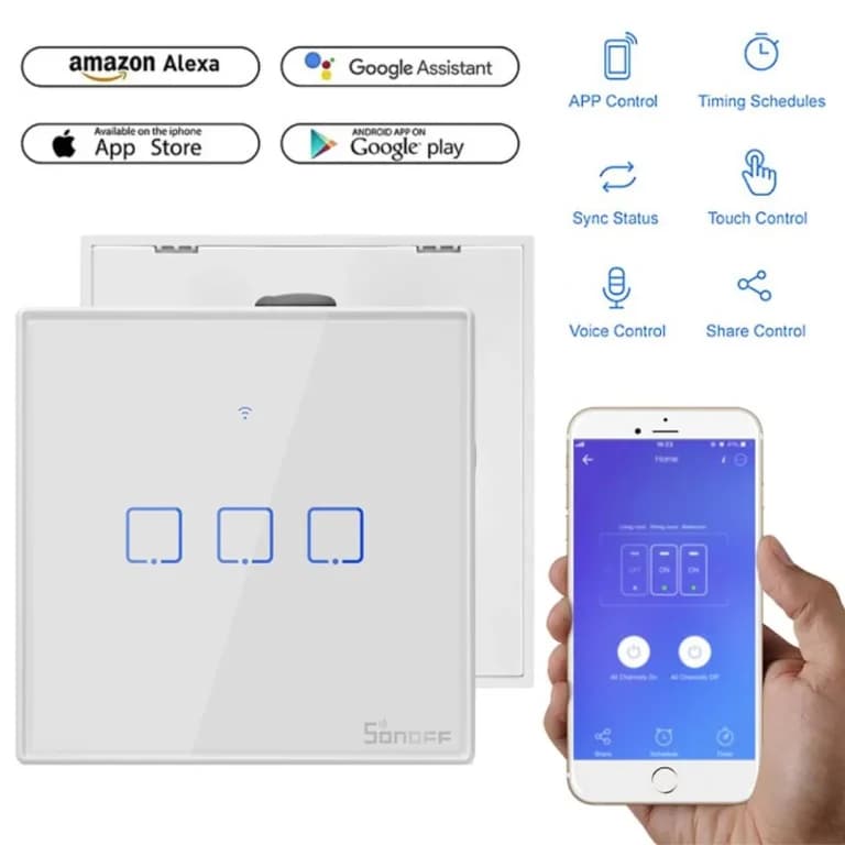 SONOFF WiFi Smart Wall Touch Switch T2 UK 3 Gang- Compatible With Alexa, Google Assistant - White Color by SONOFF - Gadgetntech Bangladesh
