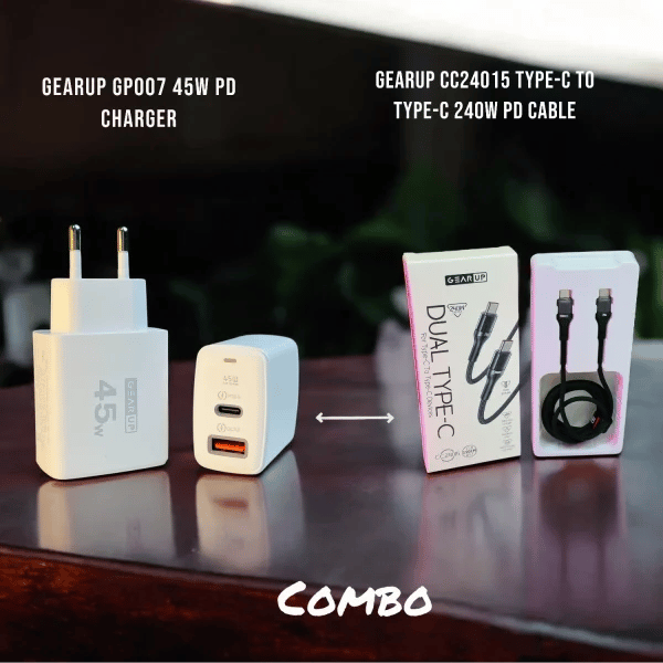 GearUP GP007 45W Fast PD Charger & GearUP CC24015 Type-C to Type-C 240W PD cable Combo by GearUP - Gadgetntech Bangladesh