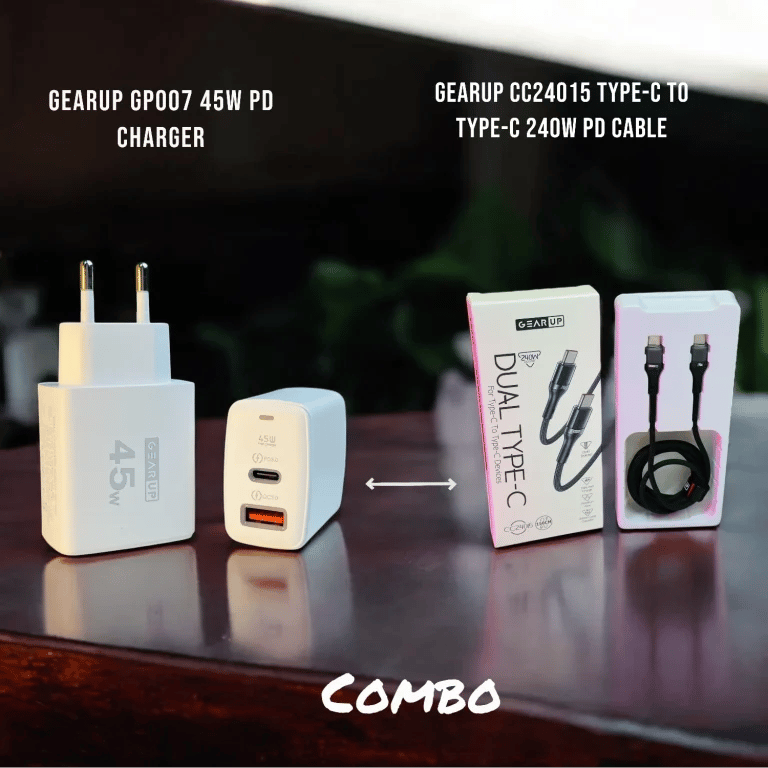 GearUP GP007 45W Fast PD Charger & GearUP CC24015 Type-C to Type-C 240W PD cable Combo by GearUP - Gadgetntech Bangladesh