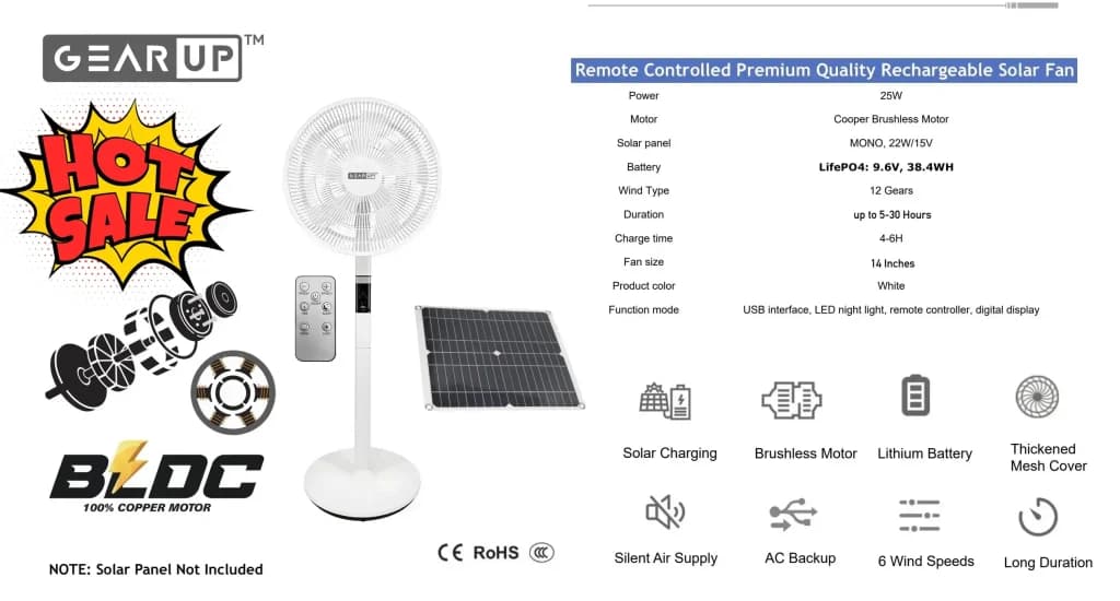 GearUP GP90 - 14 inch Premium Rechargeable LifePO4 + BLDC AC+ DC+ Solar Stand Fan (Without Solar Panel) angle 2