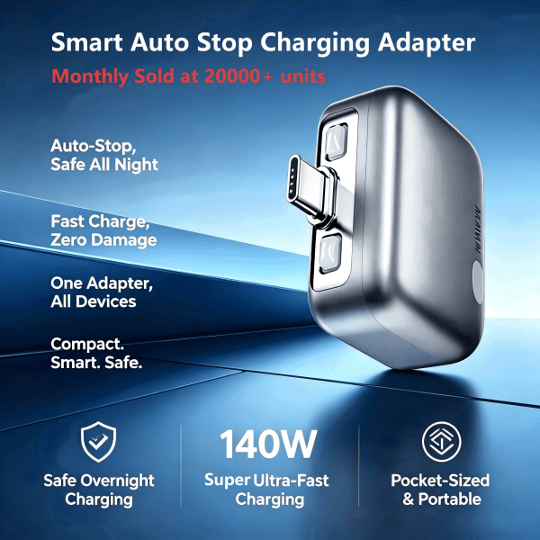Smart Auto Stop Full Charging Adapter Overcharge Protection – AI Powered Auto Eject USB-C for Smartphone,Laptop Tablet by Smart - Gadgetntech Bangladesh